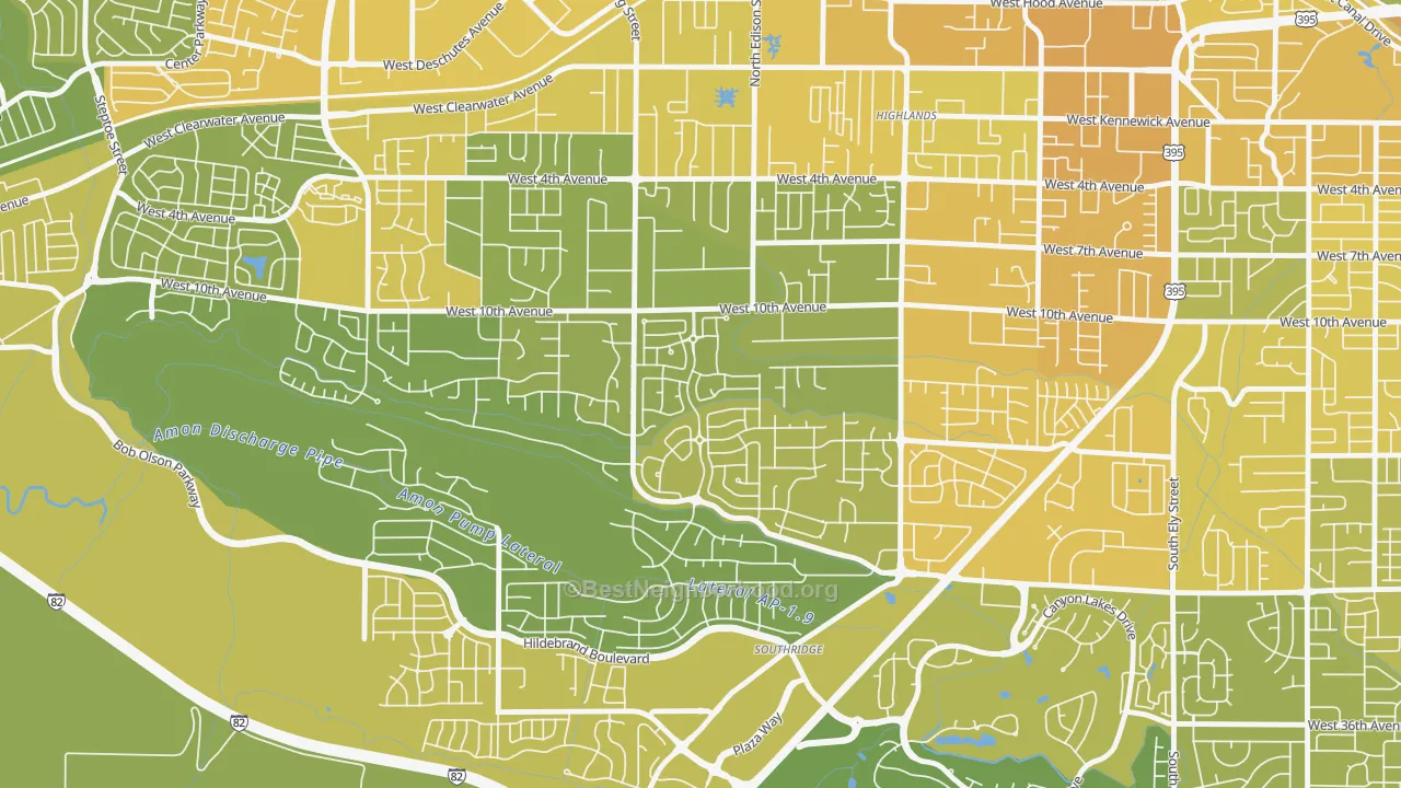 Map of the best neighborhoods in the Creekstone, Kennewick area, with better matches in green and worse matches in red