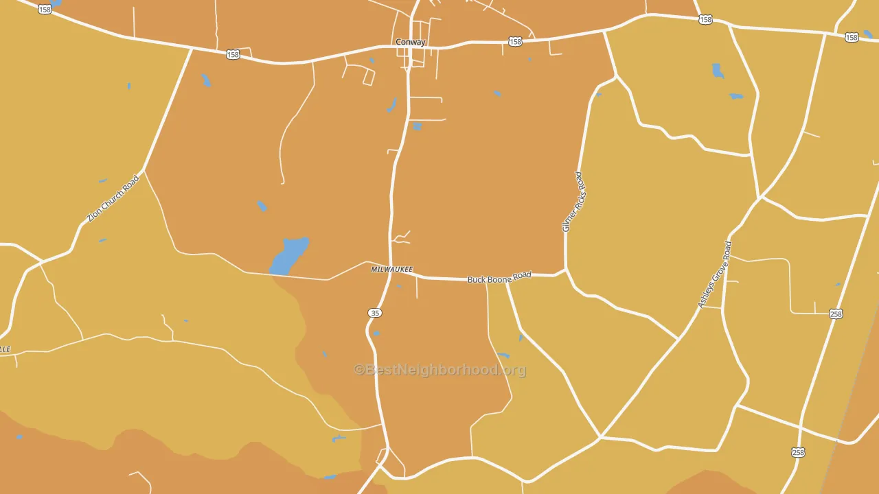 Map of the best neighborhoods in the Creeksville area, with better matches in green and worse matches in red