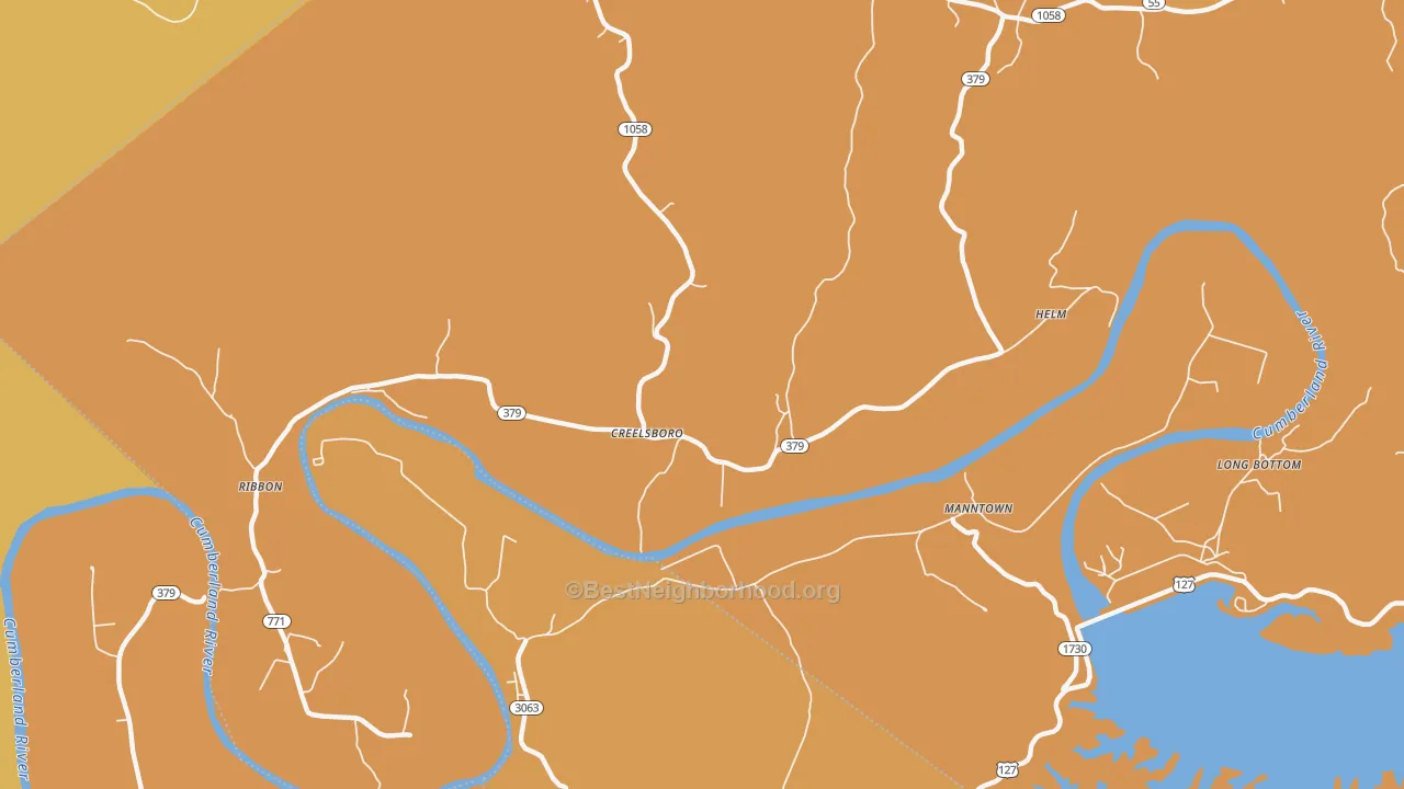 Map of the best neighborhoods in the Creelsboro area, with better matches in green and worse matches in red