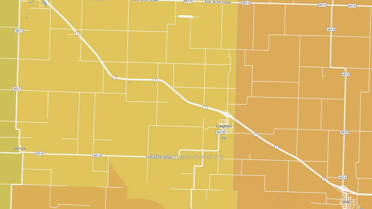 Map of the best neighborhoods in the Creighton area, with better matches in green and worse matches in red