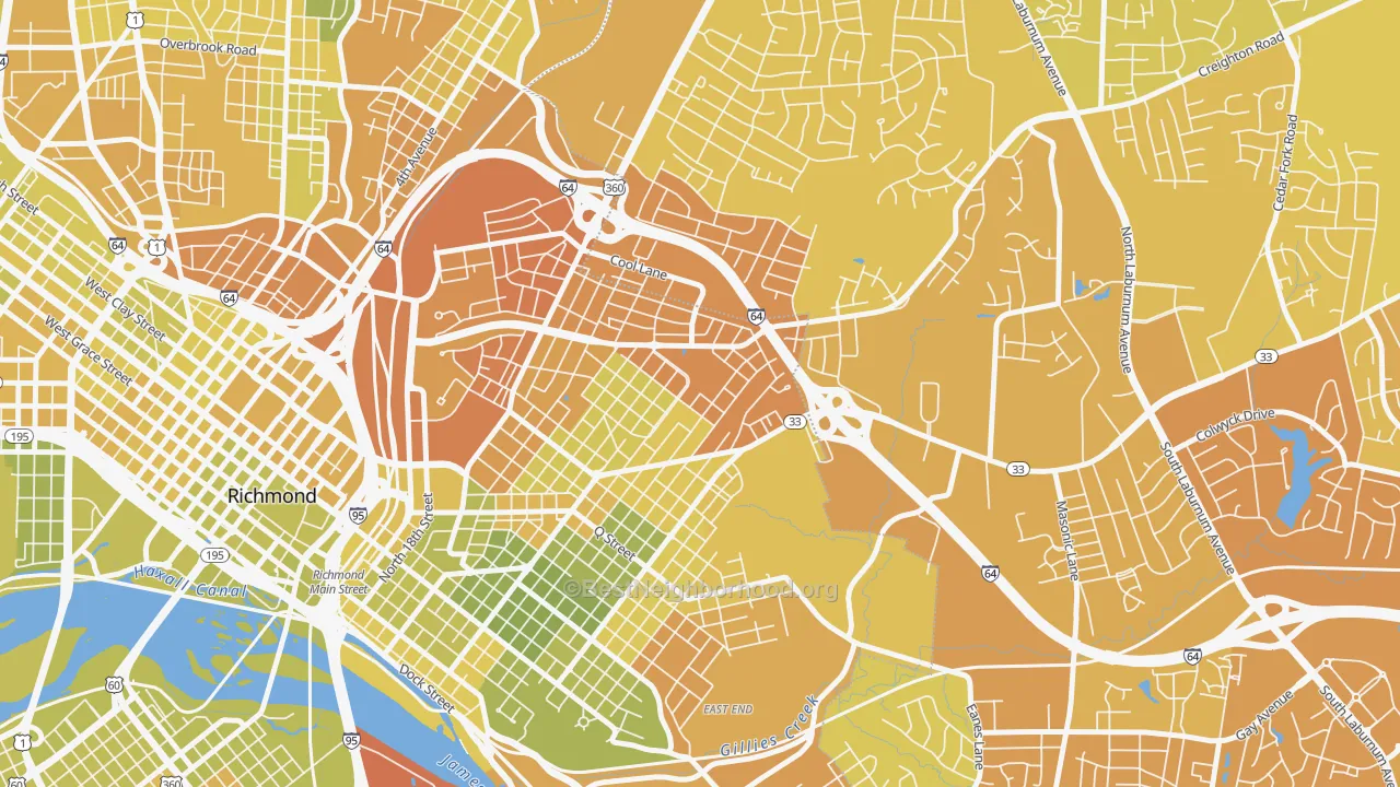 Map of the best neighborhoods in the Creighton, Richmond area, with better matches in green and worse matches in red