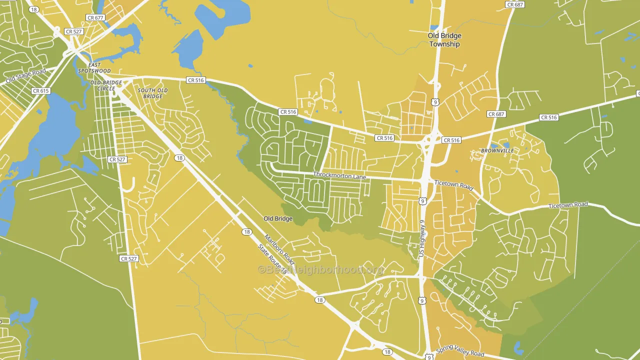 Map of the best neighborhoods in the Creighton Village, Old Bridge area, with better matches in green and worse matches in red