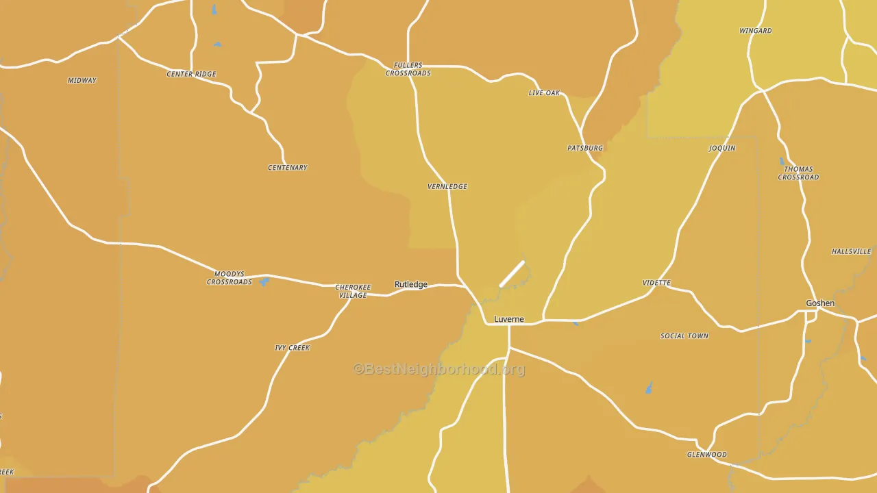 Map of the best neighborhoods in the Crenshaw County area, with better matches in green and worse matches in red