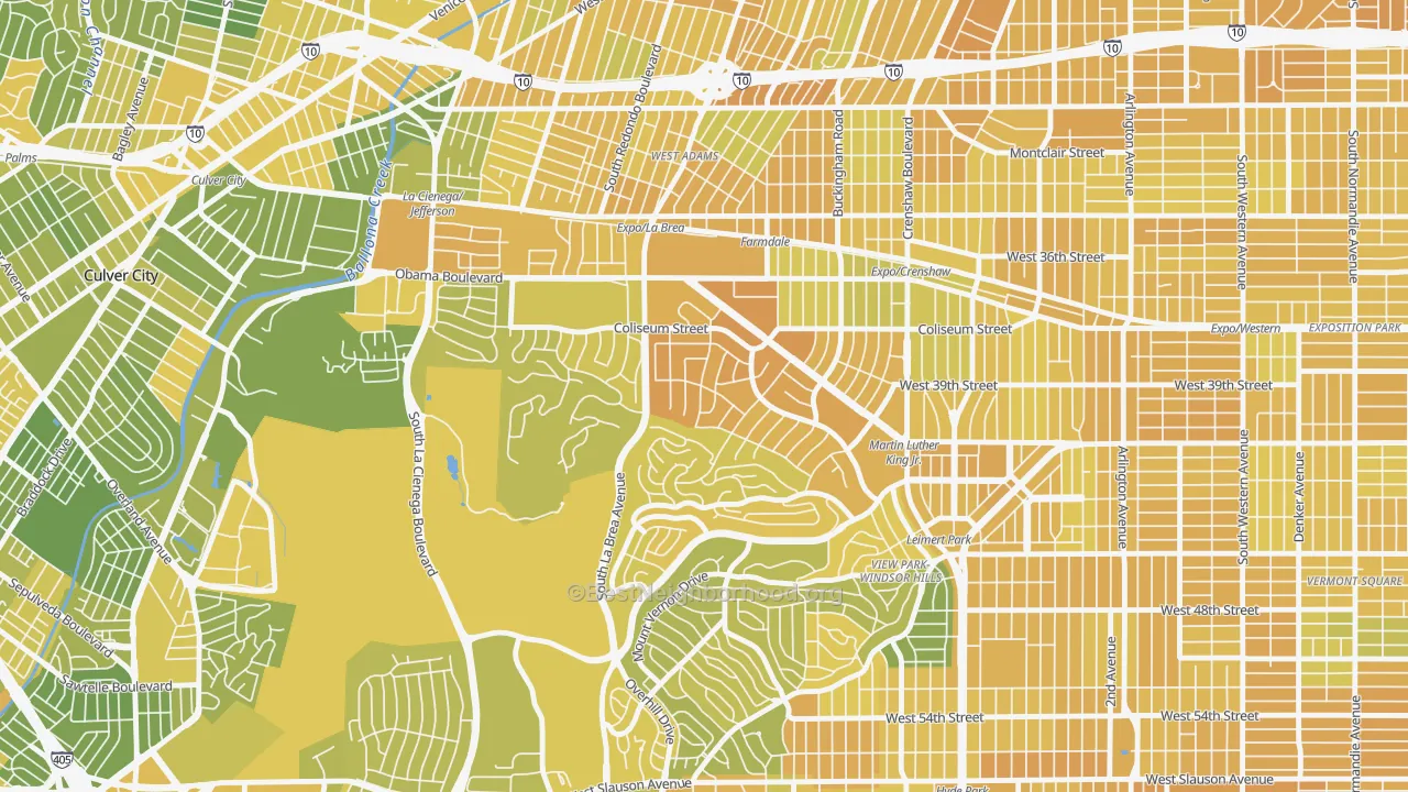 Map of the best neighborhoods in the Crenshaw, Los Angeles area, with better matches in green and worse matches in red