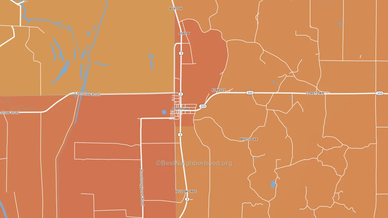 Map of the best neighborhoods in the Crenshaw area, with better matches in green and worse matches in red
