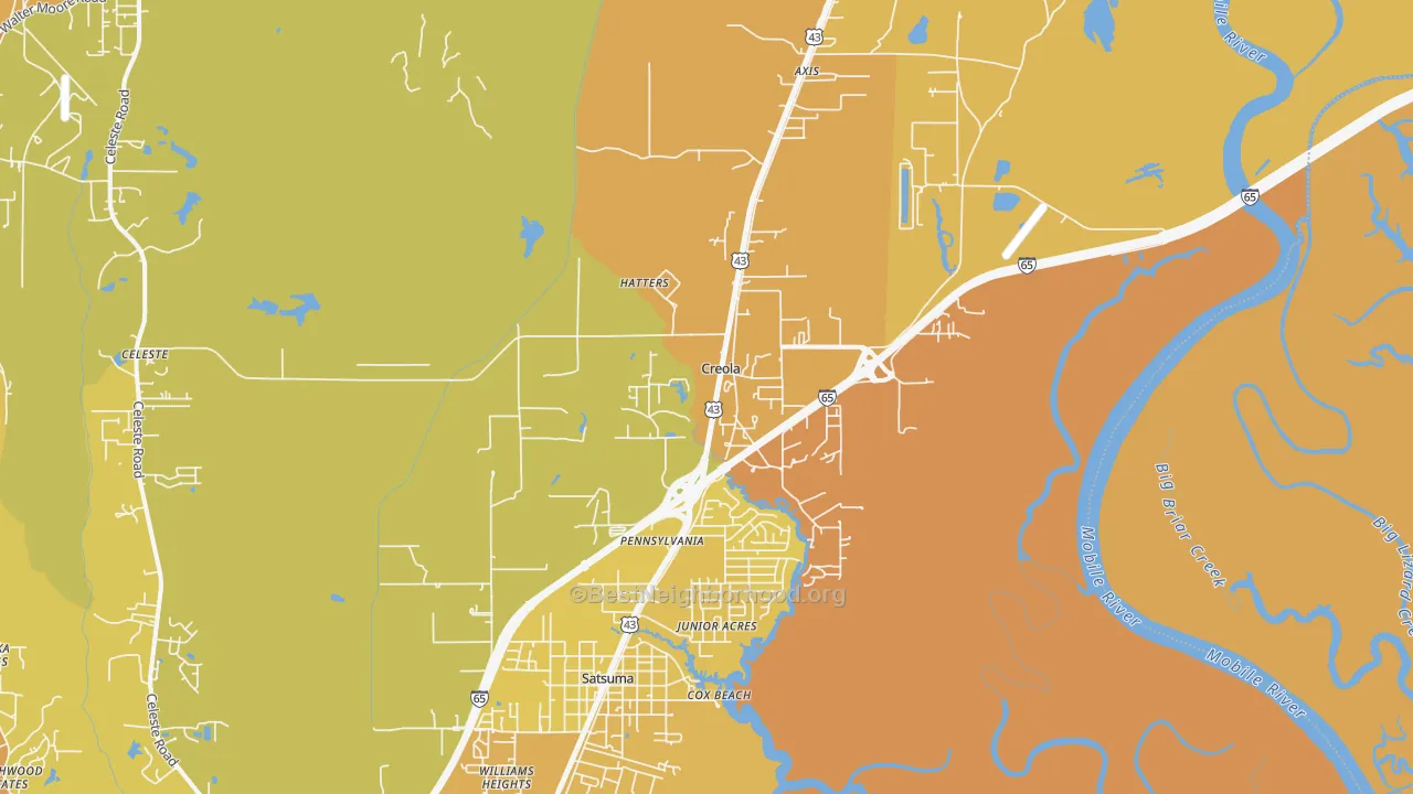 Map of the best neighborhoods in the Creola area, with better matches in green and worse matches in red