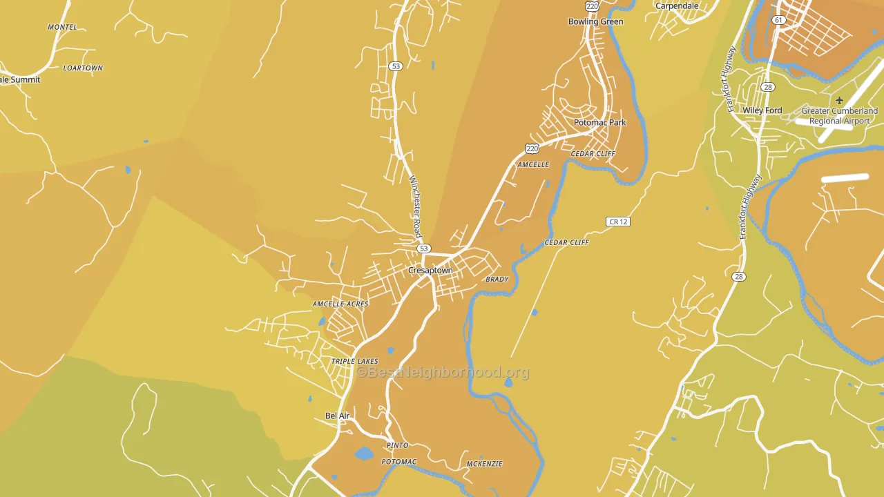 Map of the best neighborhoods in the Cresaptown area, with better matches in green and worse matches in red