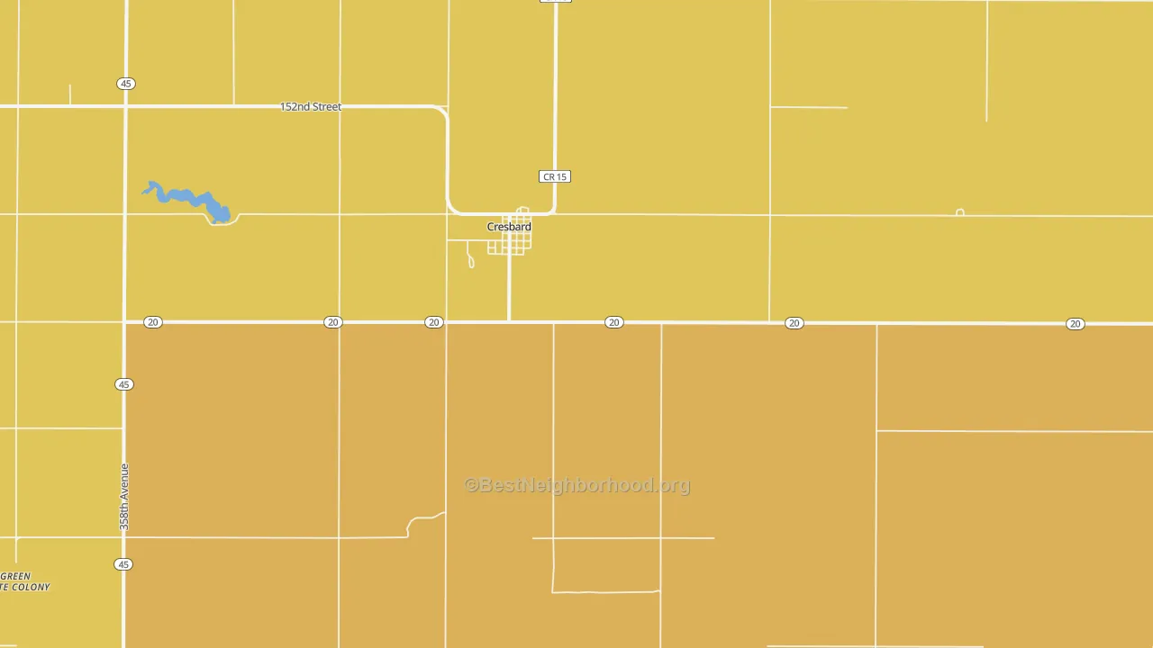 Map of the best neighborhoods in the Cresbard area, with better matches in green and worse matches in red