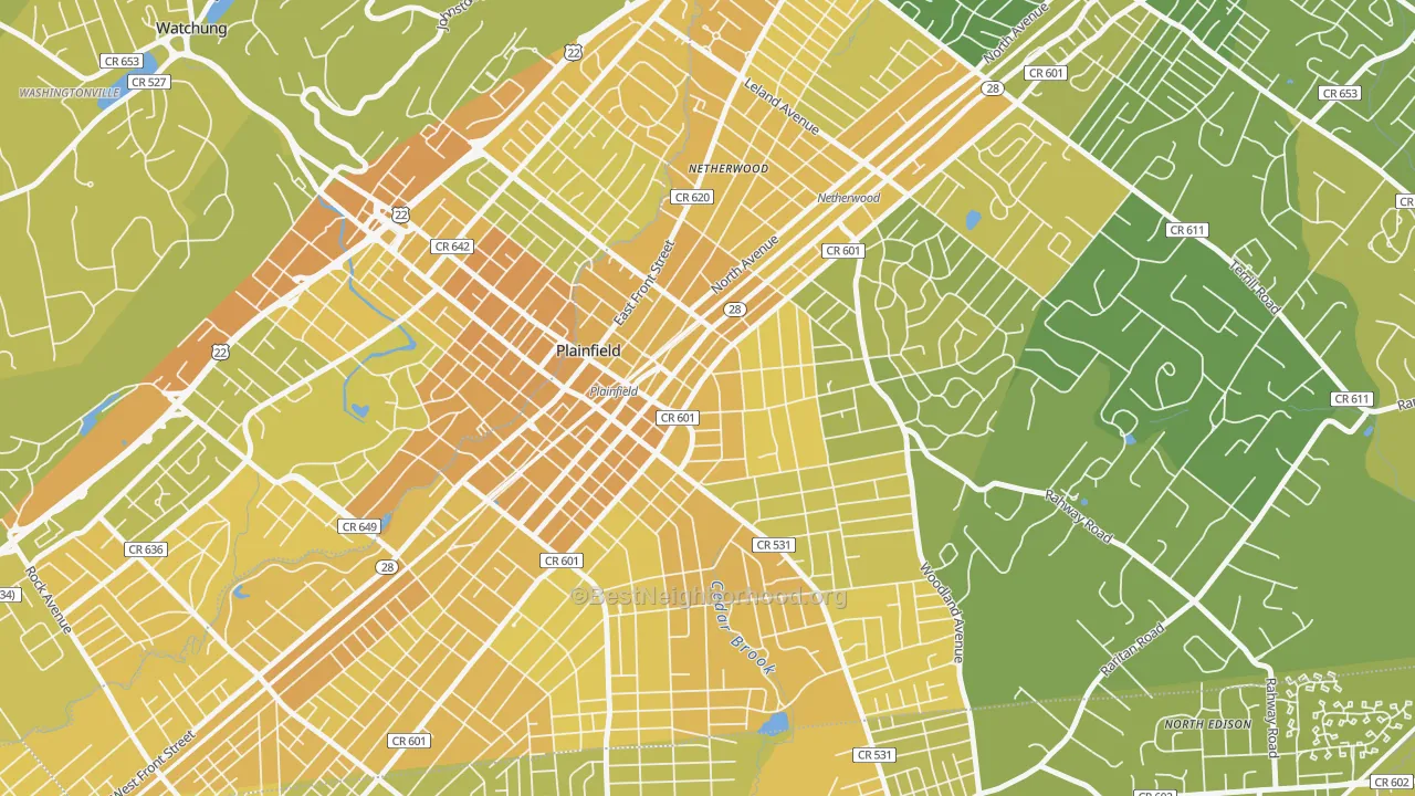 Map of the best neighborhoods in the Crescent Area Historic District, Plainfield area, with better matches in green and worse matches in red