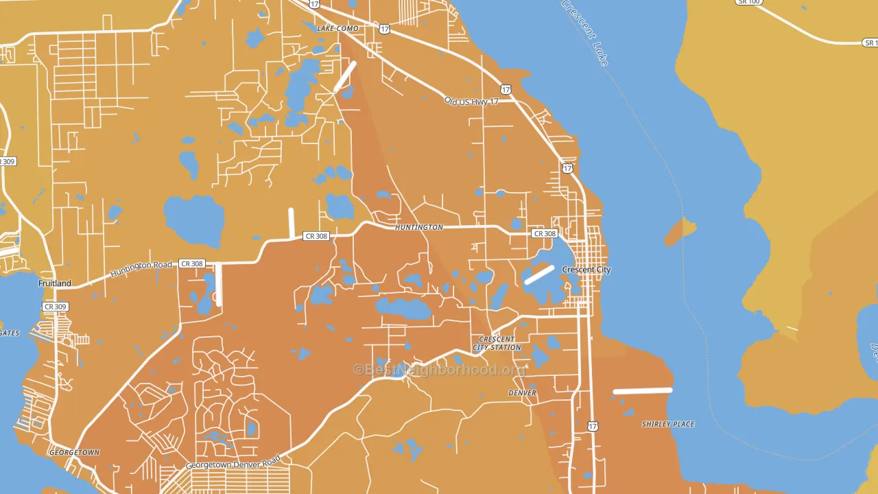 Map of the best neighborhoods in the Crescent City area, with better matches in green and worse matches in red