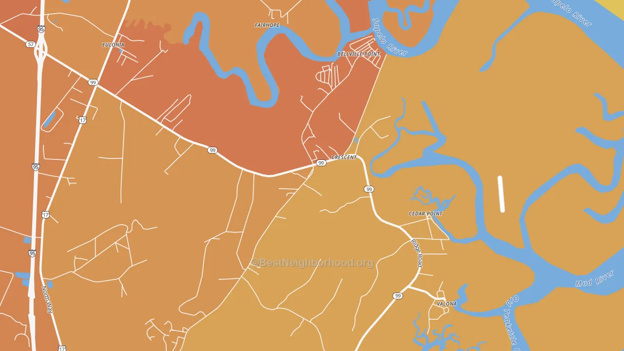 Map of the best neighborhoods in the Crescent area, with better matches in green and worse matches in red