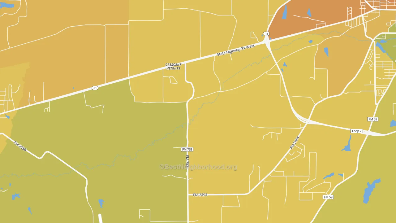 Map of the best neighborhoods in the Crescent Heights area, with better matches in green and worse matches in red