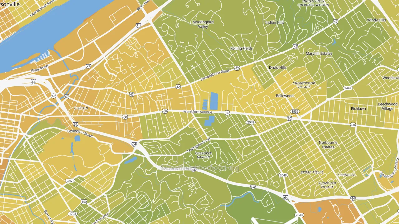 Map of the best neighborhoods in the Crescent Hill, Louisville area, with better matches in green and worse matches in red