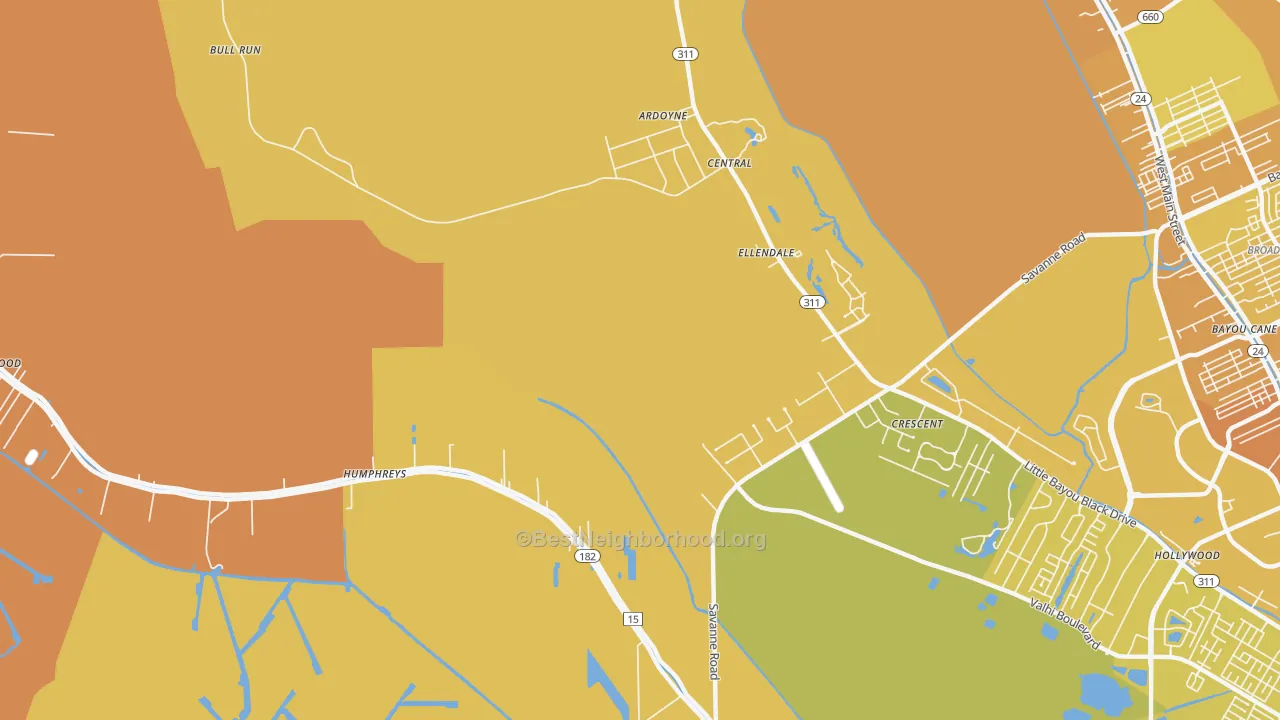 Map of the best neighborhoods in the Crescent area, with better matches in green and worse matches in red