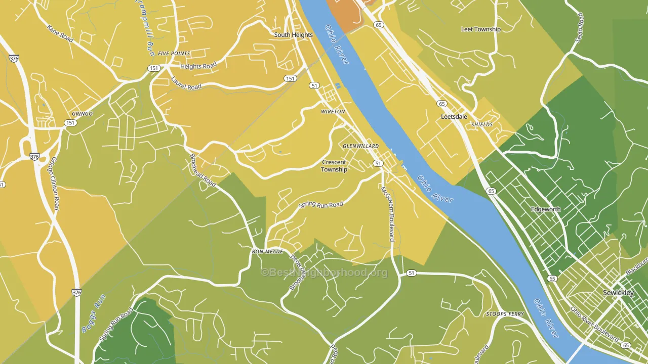 Map of the best neighborhoods in the Crescent area, with better matches in green and worse matches in red