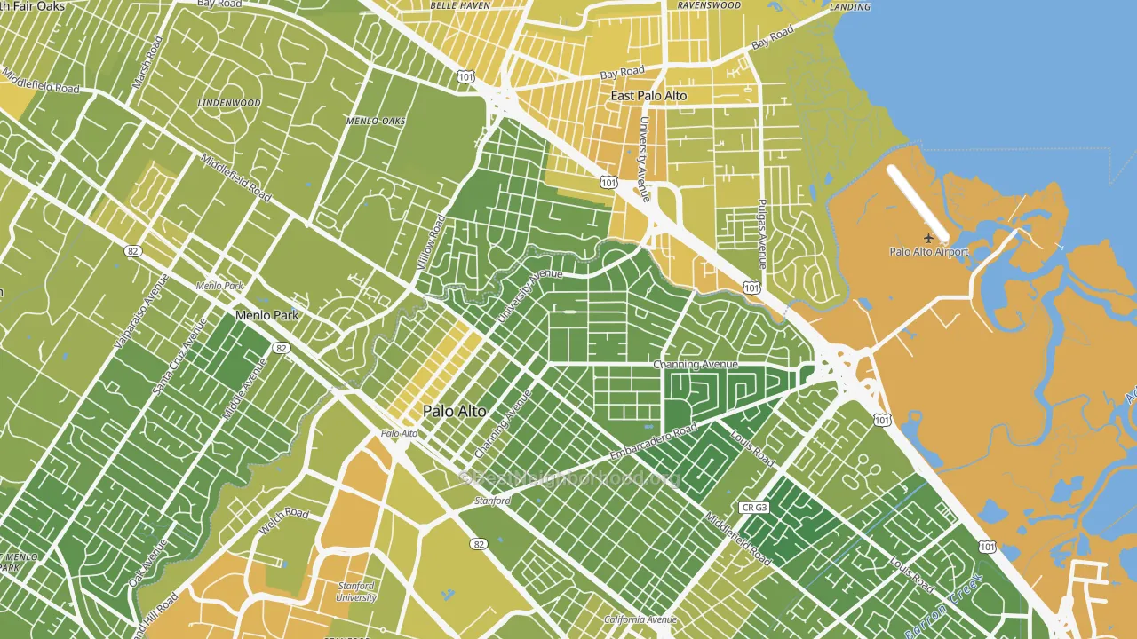 Map of the best neighborhoods in the Crescent Park, Palo Alto area, with better matches in green and worse matches in red