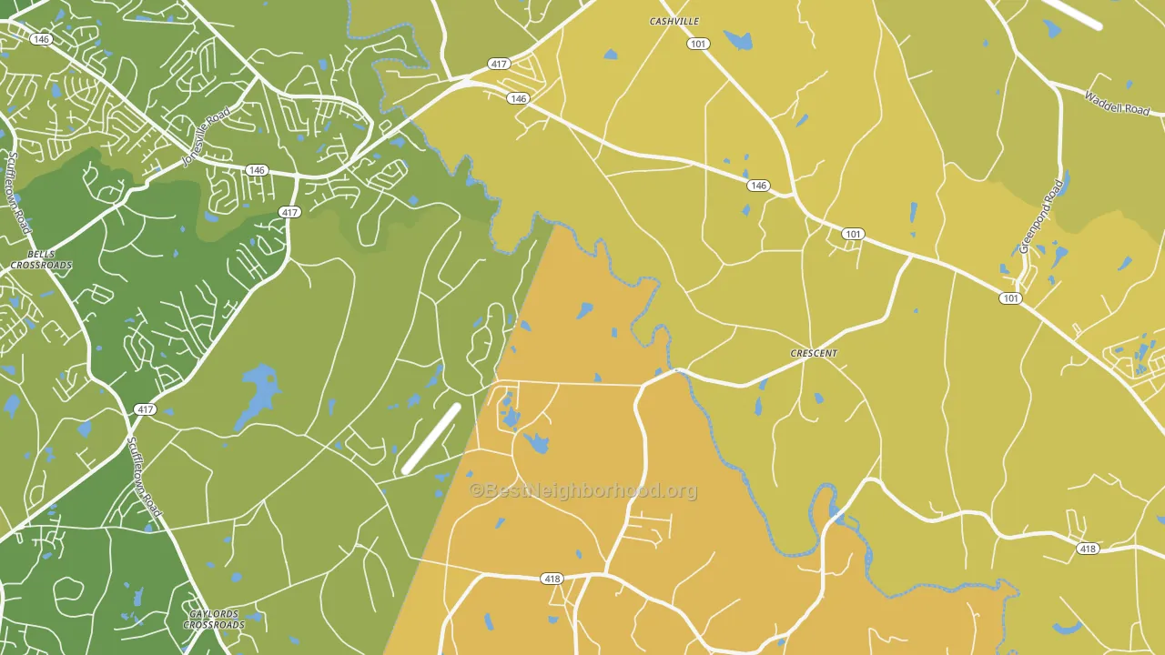 Map of the best neighborhoods in the Crescent area, with better matches in green and worse matches in red