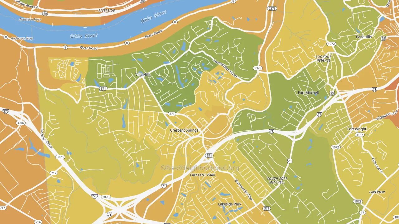 Map of the best neighborhoods in the Crescent Springs area, with better matches in green and worse matches in red