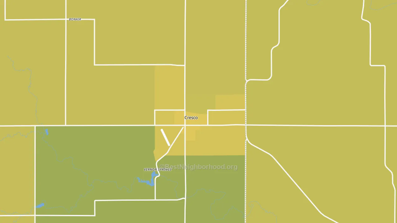 Map of the best neighborhoods in the Cresco area, with better matches in green and worse matches in red