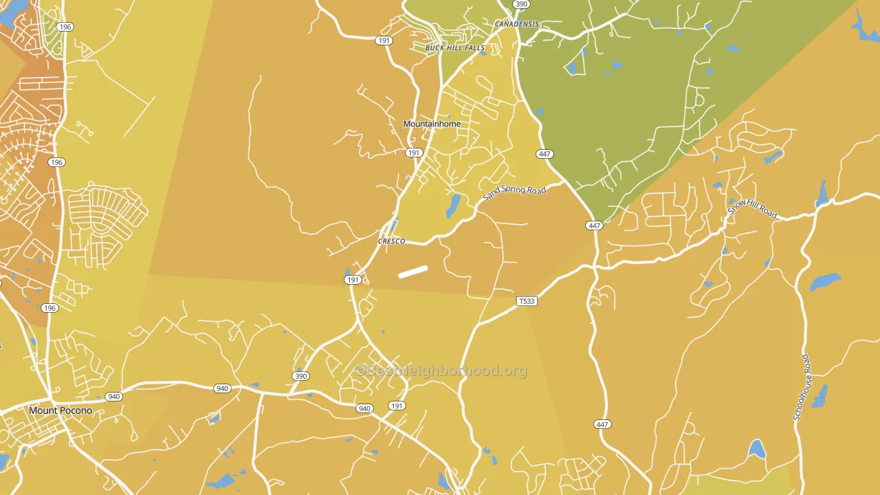 Map of the best neighborhoods in the Cresco area, with better matches in green and worse matches in red