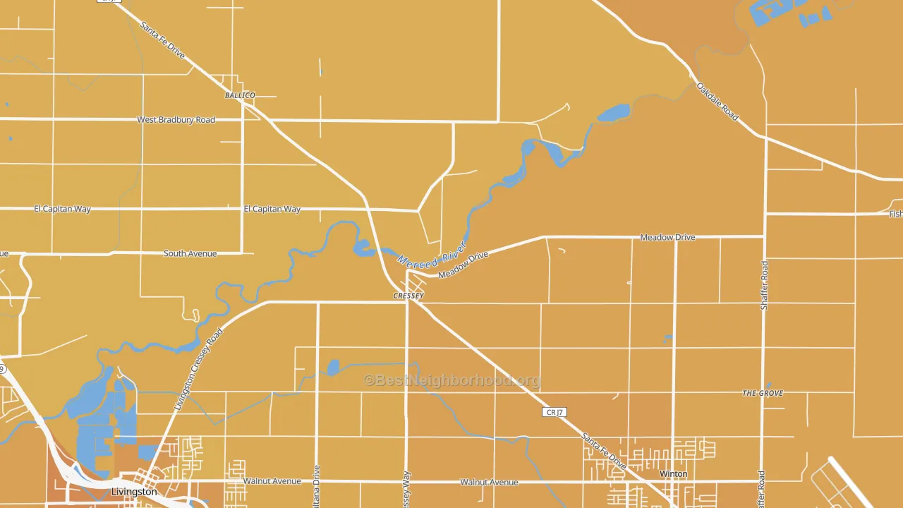 Map of the best neighborhoods in the Cressey area, with better matches in green and worse matches in red