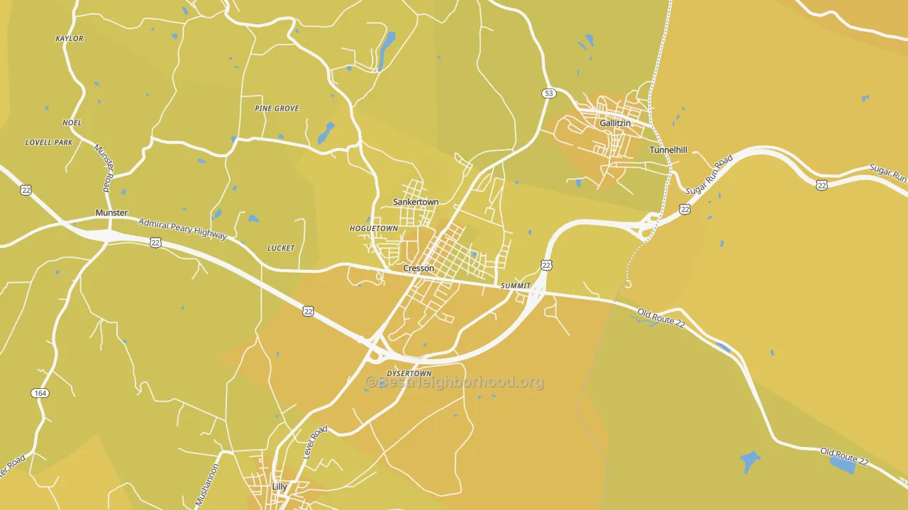 Map of the best neighborhoods in the Cresson area, with better matches in green and worse matches in red