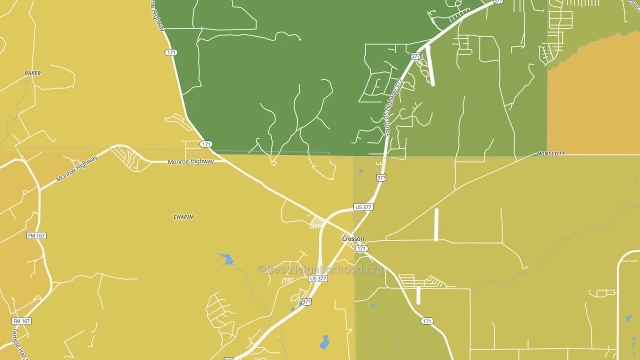 Map of the best neighborhoods in the Cresson area, with better matches in green and worse matches in red