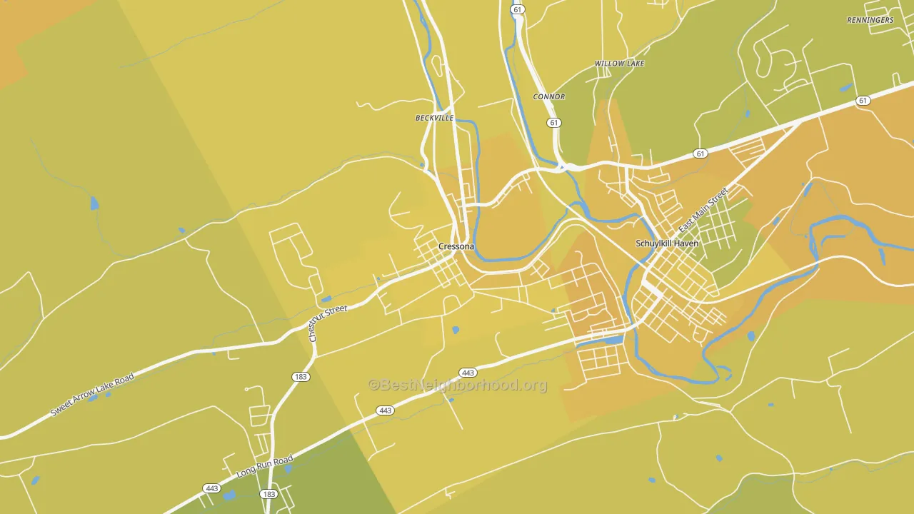 Map of the best neighborhoods in the Cressona area, with better matches in green and worse matches in red