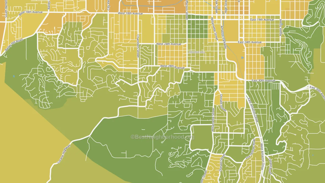 Map of the best neighborhoods in the Crest Drive, Eugene area, with better matches in green and worse matches in red
