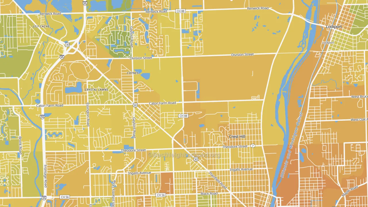 Map of the best neighborhoods in the Crest Hill area, with better matches in green and worse matches in red