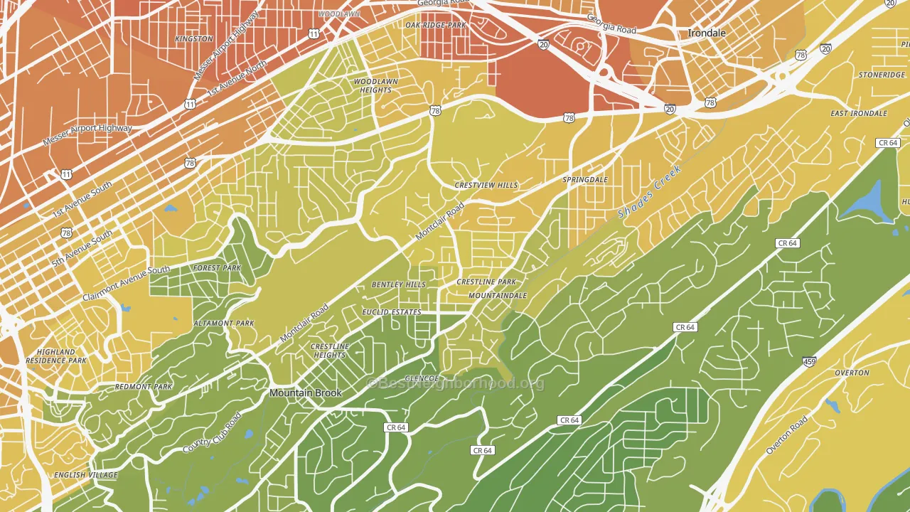 Map of the best neighborhoods in the Crestline, Birmingham area, with better matches in green and worse matches in red