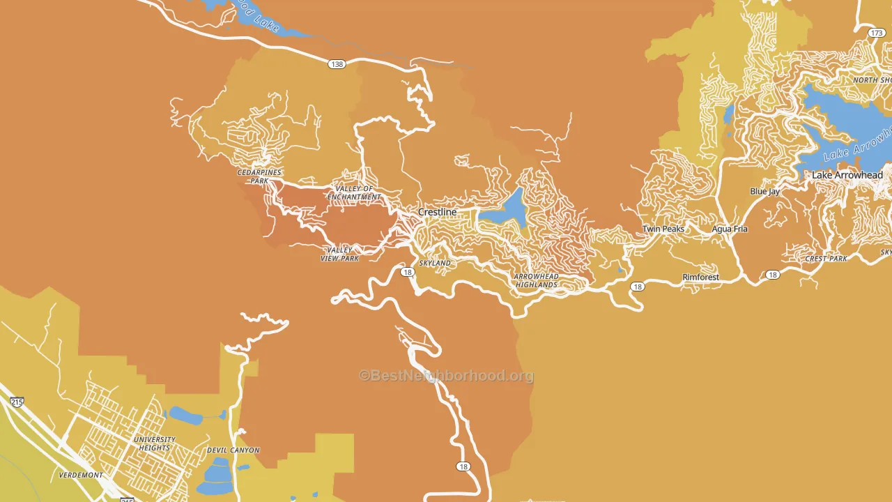 Map of the best neighborhoods in the Crestline area, with better matches in green and worse matches in red
