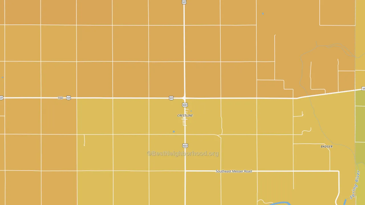 Map of the best neighborhoods in the Crestline area, with better matches in green and worse matches in red