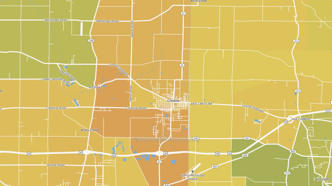 Map of the best neighborhoods in the Crestline area, with better matches in green and worse matches in red