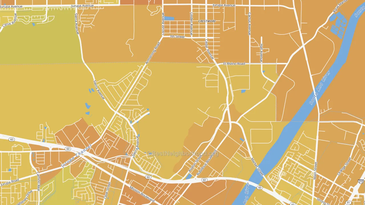 Map of the best neighborhoods in the Crestmore Heights area, with better matches in green and worse matches in red