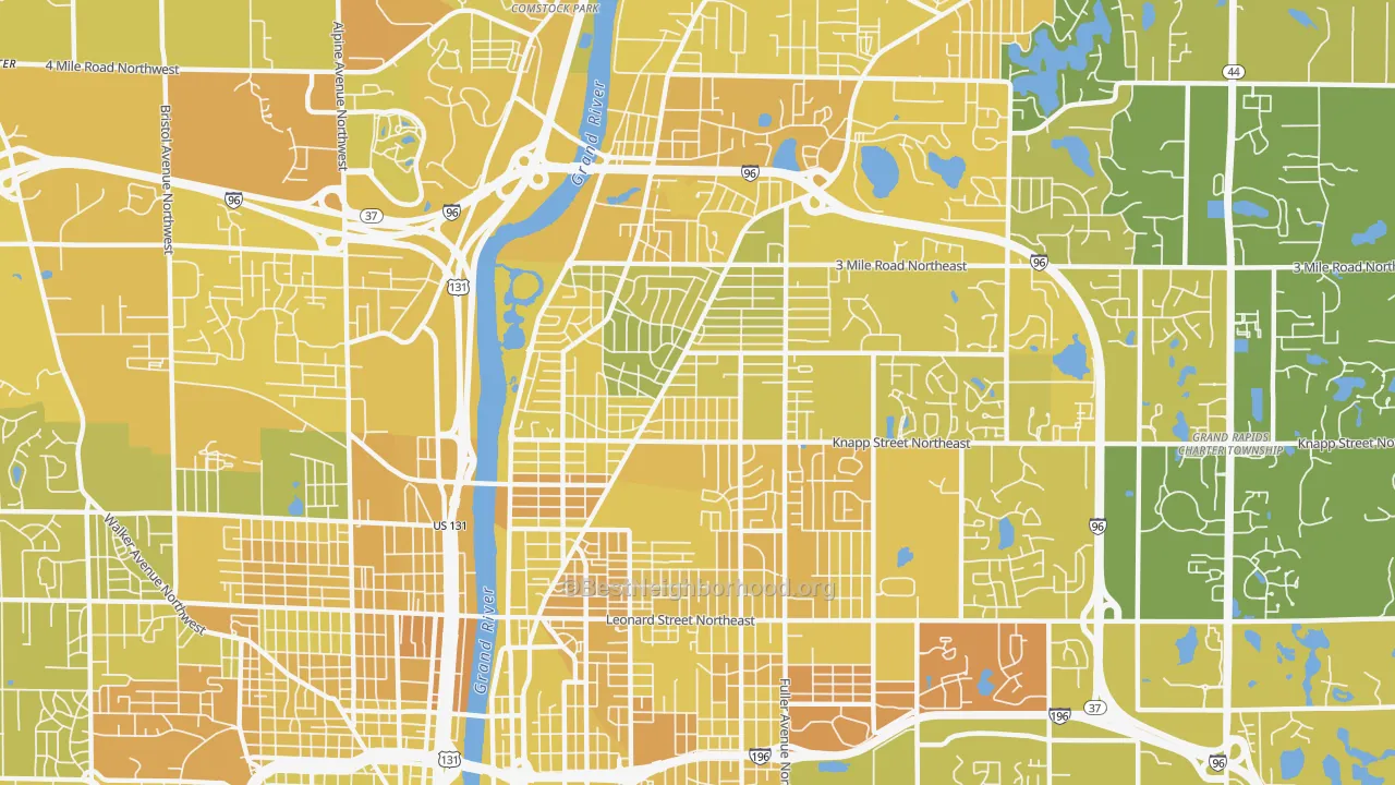 Map of the best neighborhoods in the Creston, Grand Rapids area, with better matches in green and worse matches in red