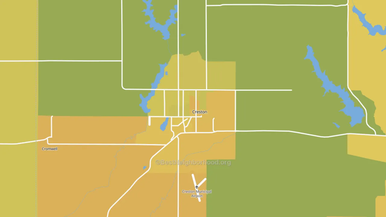 Map of the best neighborhoods in the Creston area, with better matches in green and worse matches in red