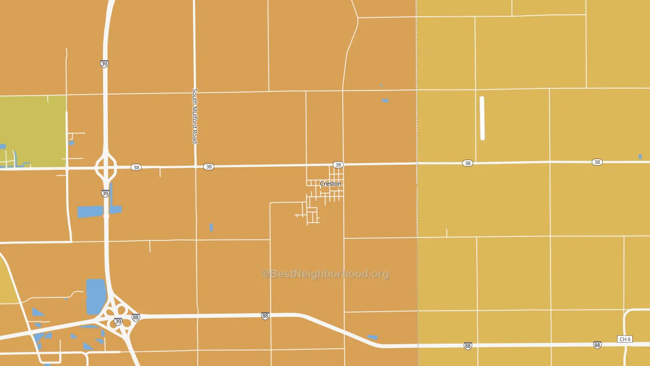 Map of the best neighborhoods in the Creston area, with better matches in green and worse matches in red