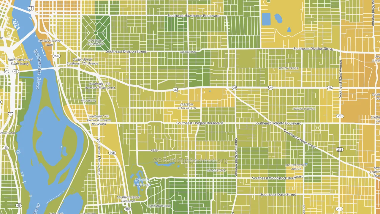 Map of the best neighborhoods in the Creston-Kenilworth, Portland area, with better matches in green and worse matches in red