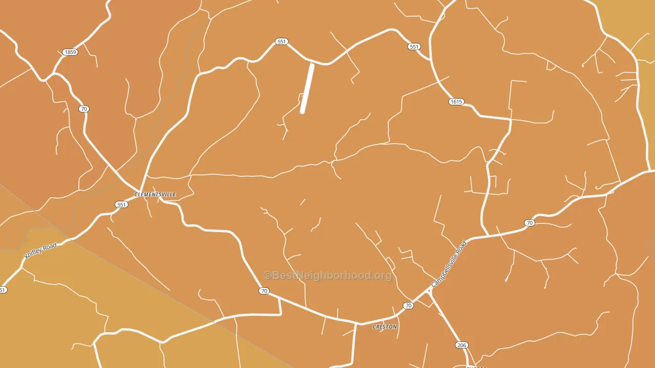 Map of the best neighborhoods in the Creston area, with better matches in green and worse matches in red