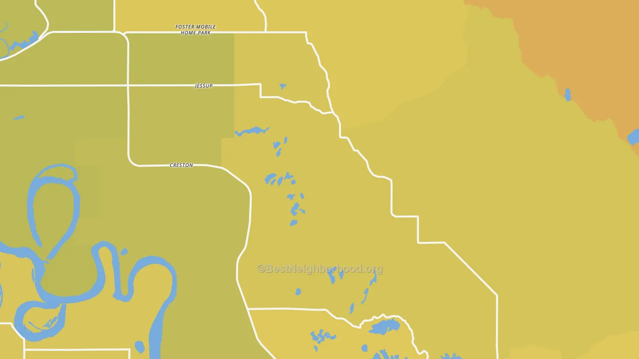 Map of the best neighborhoods in the Creston area, with better matches in green and worse matches in red
