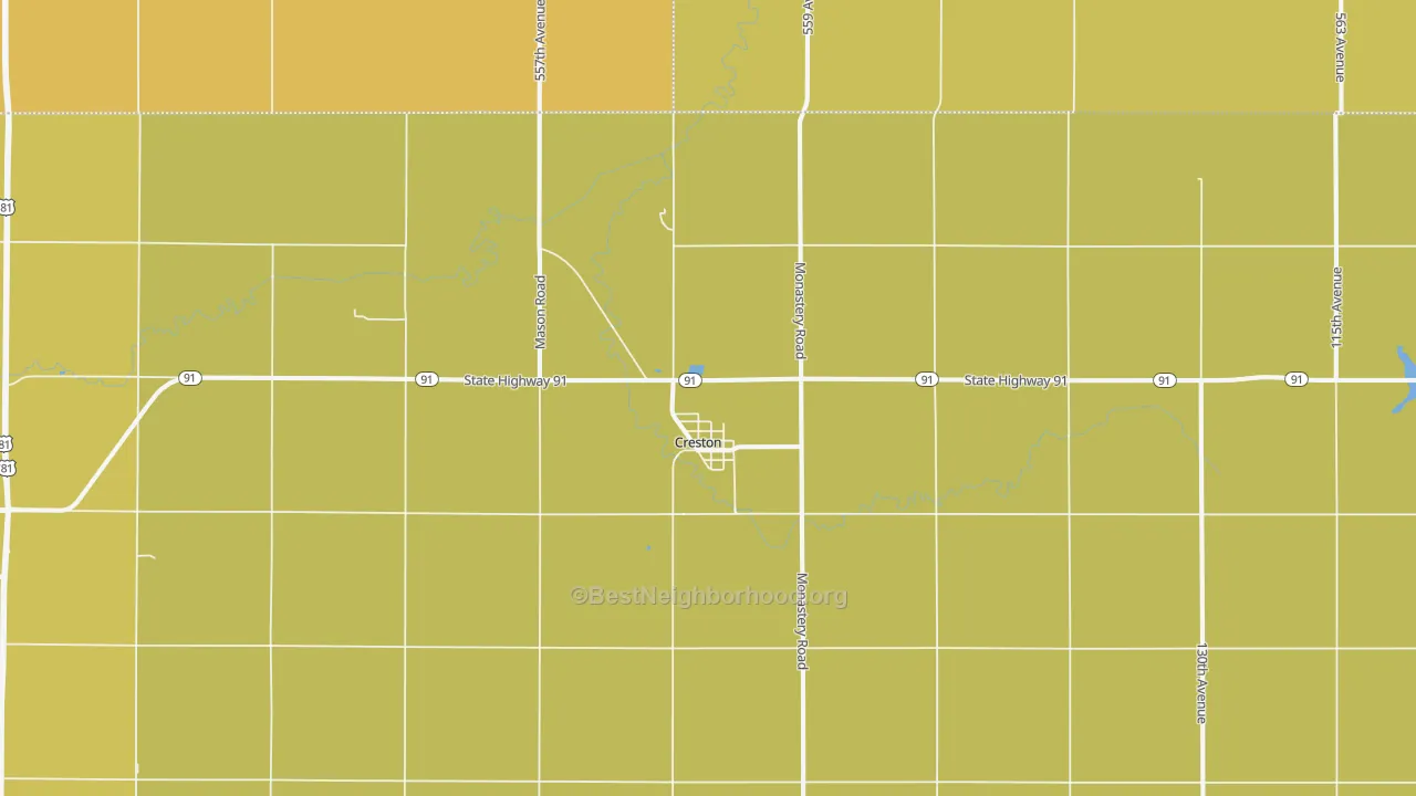 Map of the best neighborhoods in the Creston area, with better matches in green and worse matches in red
