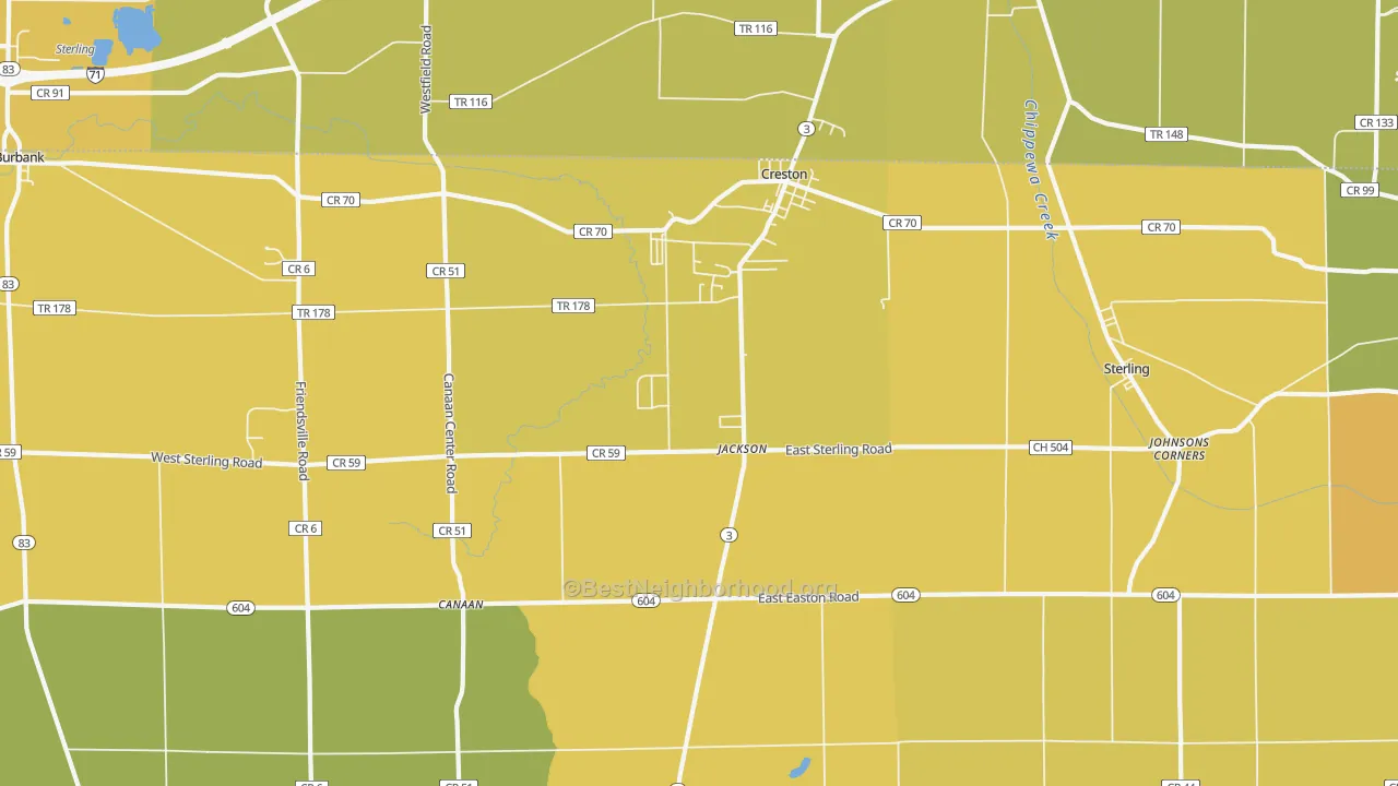 Map of the best neighborhoods in the Creston area, with better matches in green and worse matches in red
