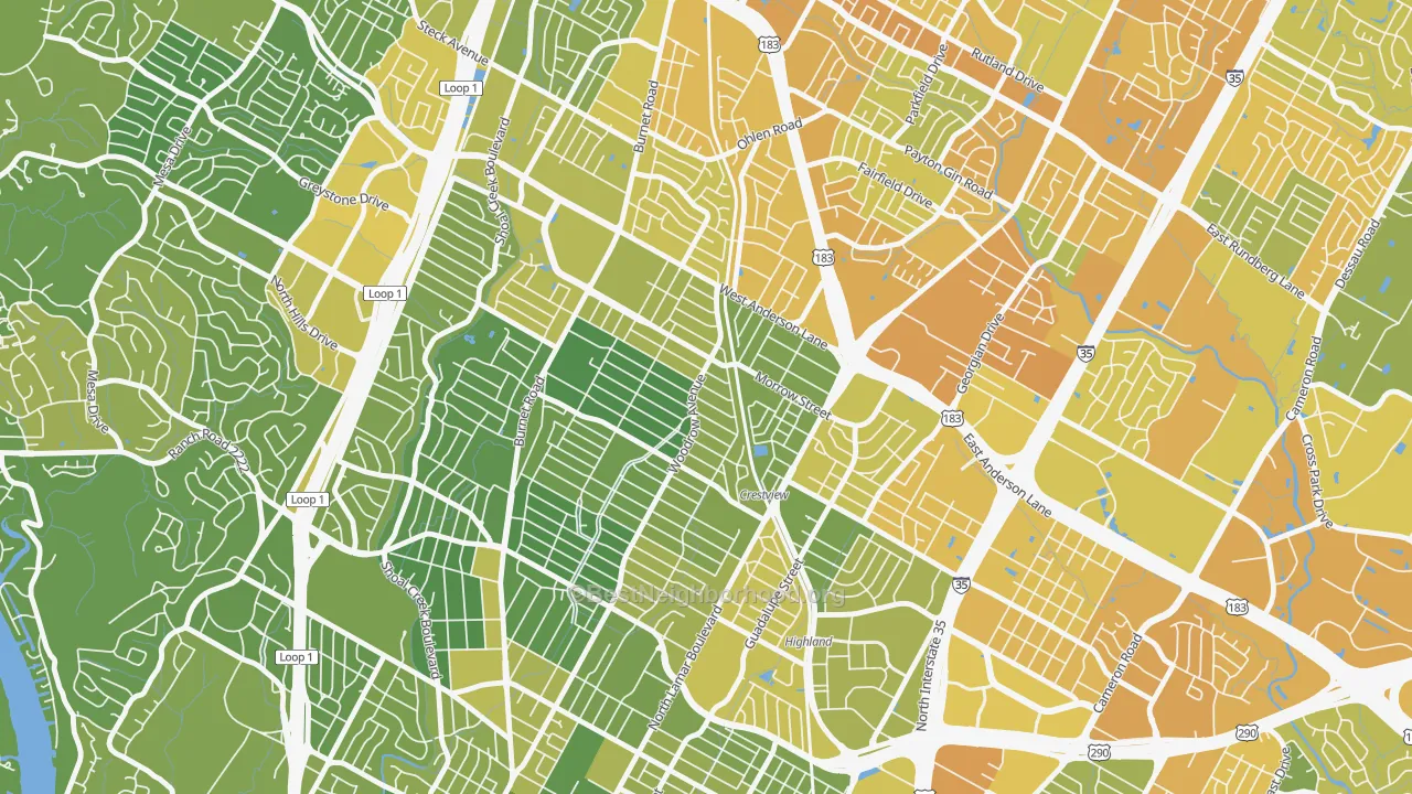 Map of the best neighborhoods in the Crestview, Austin area, with better matches in green and worse matches in red