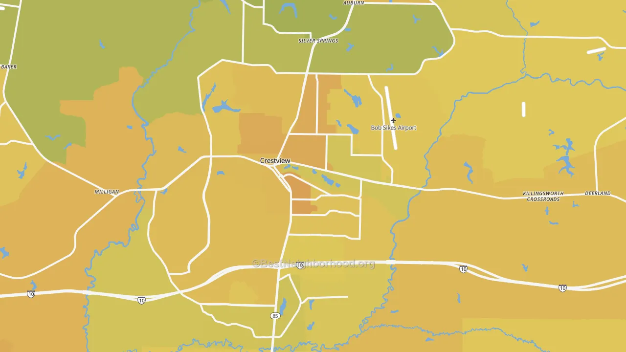 Map of the best neighborhoods in the Crestview Metro area, with better matches in green and worse matches in red
