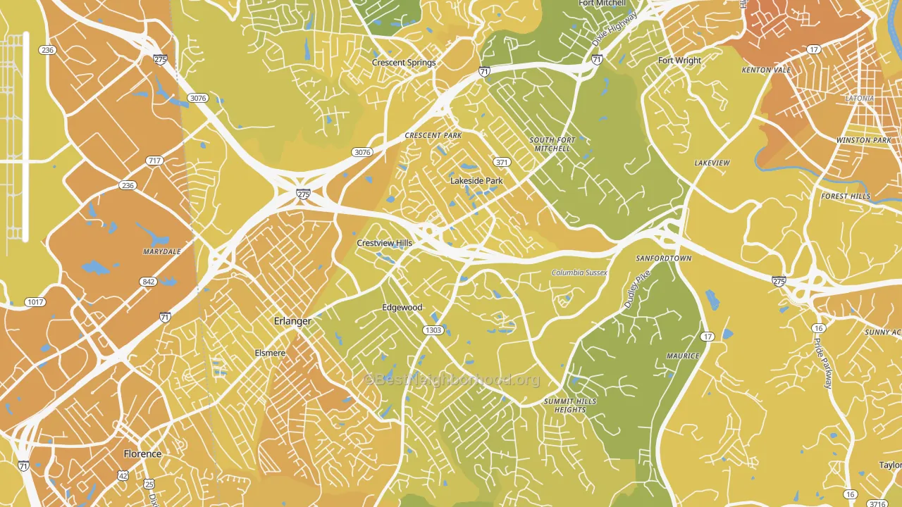 Map of the best neighborhoods in the Crestview Hills area, with better matches in green and worse matches in red