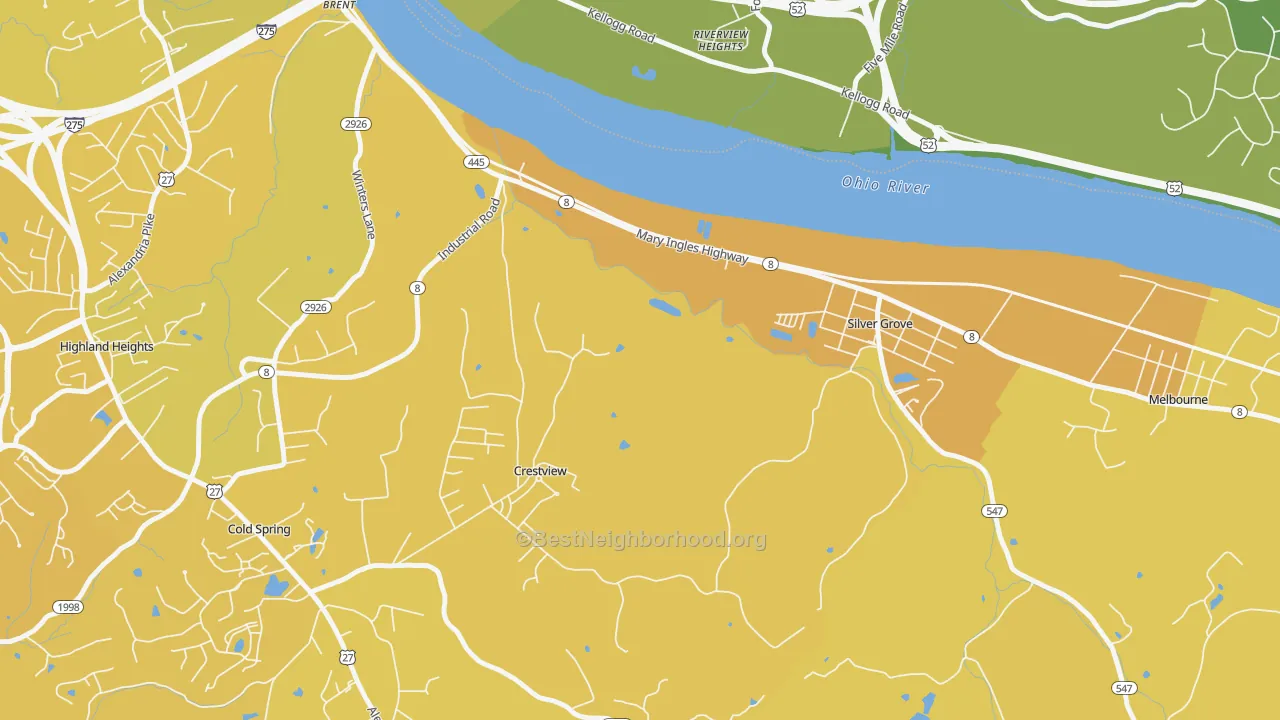 Map of the best neighborhoods in the Crestview area, with better matches in green and worse matches in red