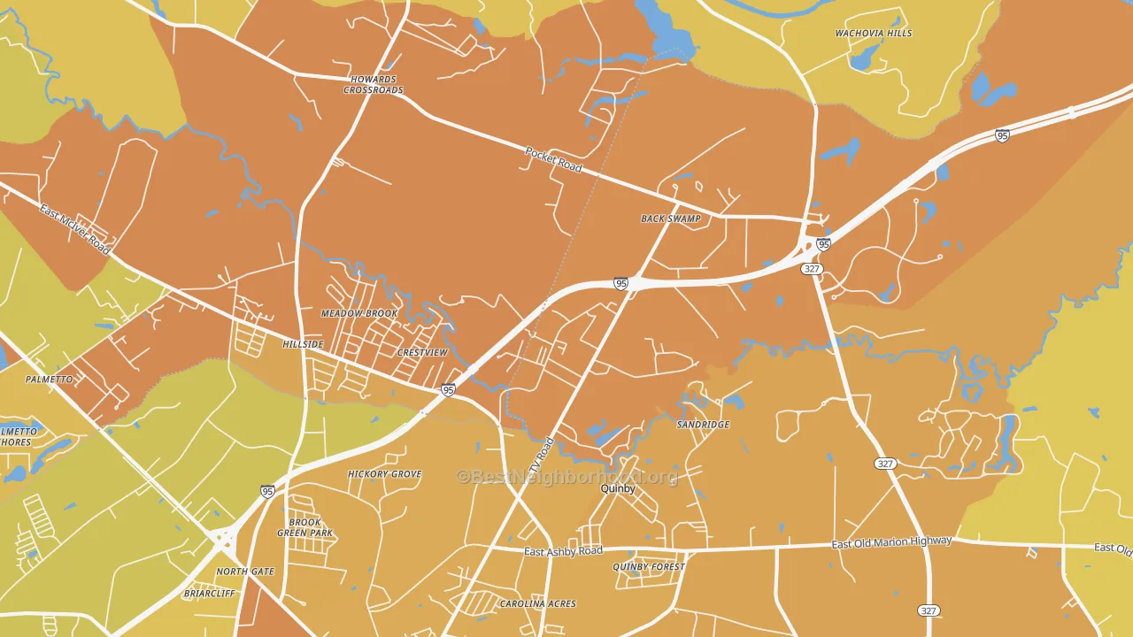 Map of the best neighborhoods in the Crestview area, with better matches in green and worse matches in red
