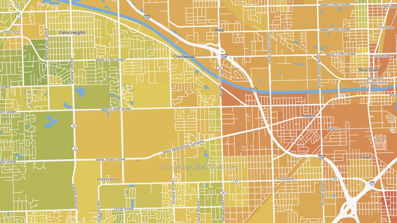 Map of the best neighborhoods in the Crestwood area, with better matches in green and worse matches in red