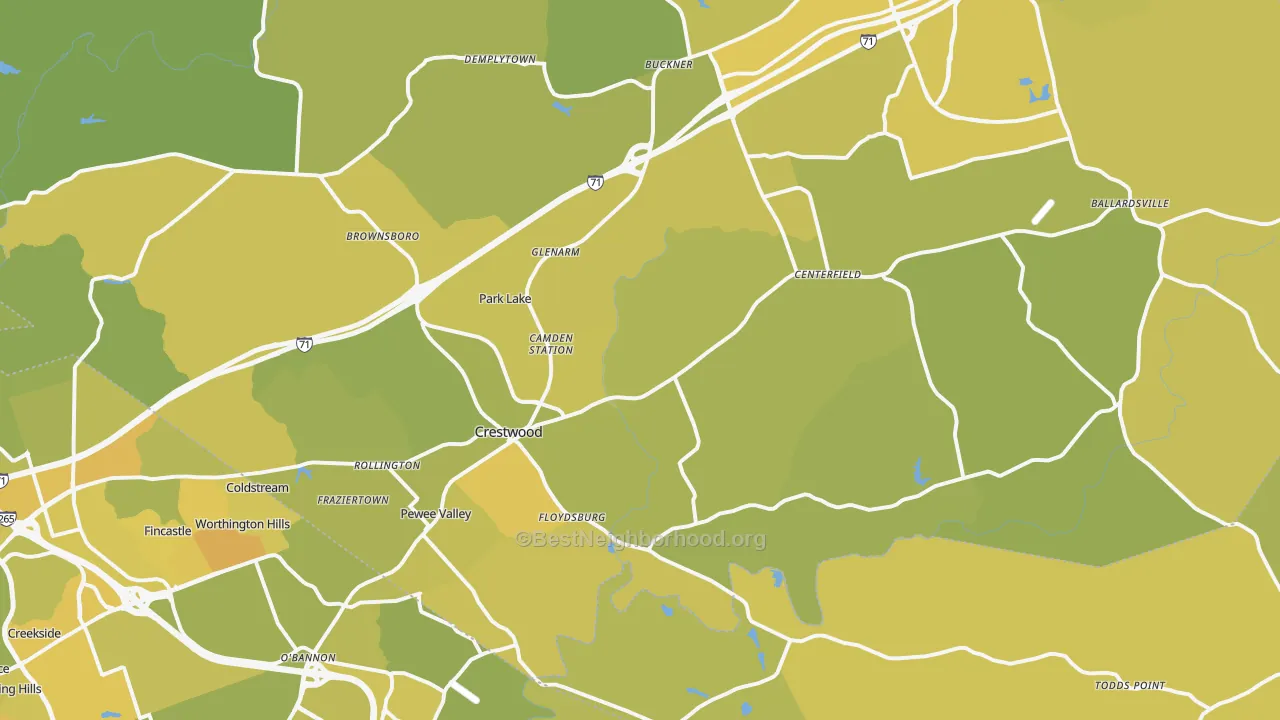 Map of the best neighborhoods in the Crestwood area, with better matches in green and worse matches in red
